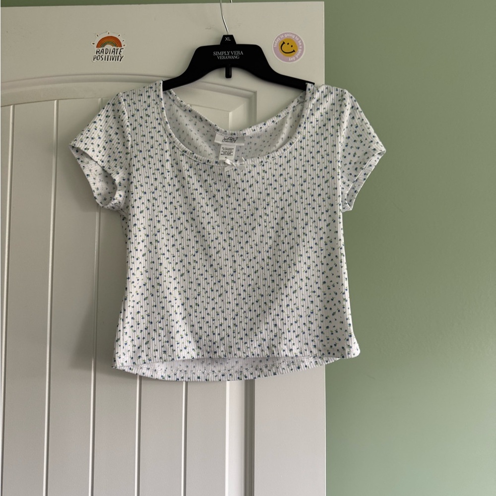 Blue and White Relaxed Crop T-Shirt